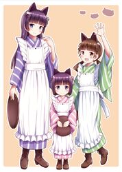  animal_ears apron black_hair bob_cut boots brown_eyes brown_footwear brown_hair cat_ears commentary_request cross-laced_footwear frilled_apron frills full_body gokou_hinata gokou_ruri gokou_tamaki green_kimono highres japanese_clothes kimono lace-up_boots long_hair looking_at_viewer low_twintails mole mole_under_eye multiple_girls ore_no_imouto_ga_konna_ni_kawaii_wake_ga_nai pink_kimono purple_eyes purple_kimono short_hair siblings sisters striped_clothes striped_kimono takatsuki_akira tray twintails waitress white_apron 