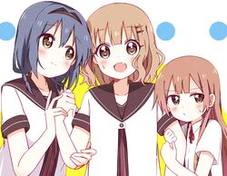  3girls absurdres blonde_hair blush breasts brown_eyes brown_hair furutani_himawari hair_ornament highres long_hair looking_at_viewer mesushio multiple_girls nanamori_school_uniform oomuro-ke oomuro_hanako oomuro_sakurako open_mouth school_uniform short_hair siblings simple_background sisters skirt small_breasts smile very_long_hair white_background yuru_yuri 