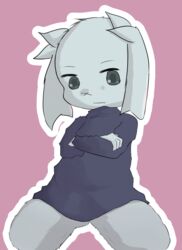  4_fingers anthro big_ears black_outline blush cave_story clothed clothing crossed_arms dango_dora digital_drawing_(artwork) digital_media_(artwork) eyebrows eyelashes facial_scar female fingers flat_chested floppy_ears fluffy fur fur_tuft grey_eyes grey_pupils grey_sclera kneeling lagomorph leg_tuft looking_at_another looking_at_viewer lop_ears mammal mimiga outline partially_clothed pose pupils purple_background scar shaded simple_background sitting solo sue_sakamoto sweater topwear tuft white_body white_fur white_outline 