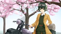  androgynous aya_mizunami bedroll belt belt_buckle belt_pouch brown_belt brown_coat buckle cherry_blossoms coat commentary cowboy_shot dress_shirt expressionless female fur_hat goggles goggles_on_headwear green_eyes green_hat green_jacket green_pants hair_between_eyes hand_on_handle hat hermes_(kino_no_tabi) highres jacket kino_(kino_no_tabi) kino_no_tabi long_sleeves looking_at_viewer motor_vehicle motorcycle pants pouch reverse_trap shirt short_hair solo standing suitcase thigh_gap tomboy tree trench_coat ushanka white_shirt 