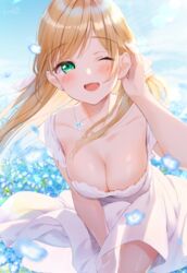  ;d bad_id bad_pixiv_id bare_shoulders blonde_hair blue_flower blue_sky blurry blurry_background blurry_foreground blush breasts chain_necklace chains cleavage collarbone commentary_request day depth_of_field dress falling female field floating_hair flower flower_field glint green_eyes hair_ribbon hand_on_own_knee hand_up happy highres jewelry kinako_(shiratama_mochi) lens_flare light_rays long_hair looking_at_viewer medium_breasts necklace nemophila_(flower) off-shoulder_dress off_shoulder one_eye_closed open_mouth ore_no_ie_ni_nazeka_gakuen_no_megami-sama_ga_iribitatte_iru_ken outdoors partial_commentary pendant ribbon see-through see-through_silhouette signature sky smile solo straight_hair sunbeam sundress sunlight swept_bangs teeth thighs tucking_hair upper_teeth_only wakamiya_rin white_dress white_ribbon 