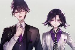  2boys adjusting_clothes adjusting_necktie black_hair black_jacket black_vest checkered_clothes checkered_necktie collared_shirt commentary_request constellation crescent crescent_pin danganronpa_(series) danganronpa_10th_anniversary_costume danganronpa_v3:_killing_harmony facial_hair formal goatee grey_background grin hair_between_eyes hair_up hand_up jacket jacket_on_shoulders lapel_pin lapels long_sleeves looking_at_another looking_at_viewer male_focus momota_kaito multiple_boys necktie notched_lapels official_alternate_costume oma_kokichi open_clothes open_mouth pink_necktie pink_shirt purple_eyes shawl_lapels shirt short_hair sideways_glance smile star_(symbol) teeth upper_body upper_teeth_only vest white_jacket white_shirt white_vest z-epto_(chat-noir86) 