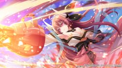  &gt;:( armpits artist_request assault_lily bare_shoulders black_bow blue_sky bow breasts cleavage closed_mouth cloud cowboy_shot crossover date_a_live day eye_trail female floating_hair hair_between_eyes hand_up highres holding holding_weapon horn_bow horn_ornament horns itsuka_kotori japanese_clothes kimono lens_flare light_particles light_trail long_hair long_sleeves looking_away medium_breasts obi off_shoulder official_art outdoors outstretched_arms red_eyes red_hair sash sky solo standing v-shaped_eyebrows very_long_hair watermark weapon white_horns white_kimono 