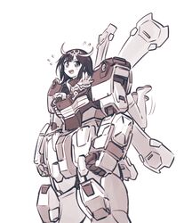  black_hair core_fighter crossbone_gundam crossbone_gundam_x-1 female gundam highres humanization ishiyumi mecha monochrome robot science_fiction smile solo sweat v-fin waving 