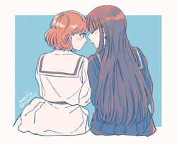  2girls blush closed_eyes commentary_request dated enoki_sachi face-to-face highres long_hair multiple_girls nagatani_megumi okujou_no_yurirei-san pe88y_(yu_tsugirls) short_hair simple_background sitting smile twitter_username yuri 