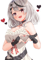  :d arm_strap bare_shoulders black_choker black_gloves blush braid breasts choker divergenceok female fingerless_gloves gloves grey_hair hair_ornament heart heart_choker heart_hands highres hololive large_breasts looking_at_viewer medium_hair multicolored_hair nail_polish oerba_yun_fang red_eyes red_nails sakamata_chloe sakamata_chloe_(1st_costume) shirt simple_background sleeveless sleeveless_shirt smile solo streaked_hair virtual_youtuber white_background white_shirt x_hair_ornament 