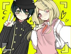  1boy akamatsu_kaede backpack bag baseball_cap black_hair blonde_hair commentary danganronpa_(series) danganronpa_v3:_killing_harmony female hair_ornament hat hen10 long_hair lowres musical_note musical_note_hair_ornament necktie pink_eyes pink_sweater_vest red_necktie saihara_shuichi selfie shirt short_hair sweater_vest symbol-only_commentary v viewfinder white_bag white_shirt yellow_background yellow_eyes 