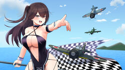  :d a6m_zero akaoni_(zumt3548) arm_strap azur_lane b6n_tenzan bare_shoulders blue_sky blush breasts brown_eyes brown_hair center_opening checkered_flag cleavage clothing_cutout cloud collarbone commentary_request commission cowboy_shot criss-cross_halter d4y_suisei day english_commentary female flag groin hair_between_eyes halterneck high_ponytail highres holding holding_flag large_breasts long_hair mixed-language_commentary mountainous_horizon navel navel_cutout ocean official_alternate_costume one_side_up open_mouth outdoors pelvic_curtain pixiv_commission pointing psd_available race_queen sidelocks sky smile solo standing very_long_hair wrist_cuffs zuikaku_(azur_lane) zuikaku_(the_wind&#039;s_true_name)_(azur_lane) 