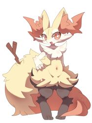  3:4 absurd_res ambiguous_gender anthro braixen fluffy fluffy_tail fur generation_6_pokemon hi_res nintendo nyaswitchnya open_mouth pokemon pokemon_(species) red_eyes simple_background solo stick_in_tail tail yellow_body yellow_fur 