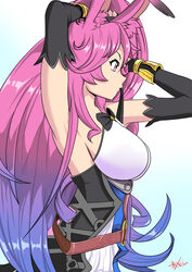  adjusting_hair animal_ears armpits arms_up black_coat blue_background blue_hair breasts cleo_(dragalia_lost) coat commentary detached_sleeves dragalia_lost female from_side gradient_background gradient_hair hand_in_own_hair hexel_chan large_breasts long_hair multicolored_hair pink_eyes pink_hair rabbit_ears sideboob signature simple_background solo upper_body very_long_hair watermark white_background wrist_cuffs 