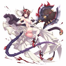  aata1007 axe blood blood_on_weapon blunt_bangs breasts broken_horn brown_eyes commentary dress elbow_gloves eriko_(princess_connect!) female flower full_body gloves hair_flower hair_ornament hair_ribbon highres holding holding_axe horns jewelry large_breasts long_hair looking_at_viewer pendant princess_connect! red_flower red_rose ribbon rose short_hair simple_background smile solo spiked_tail tail thighhighs weapon white_background white_dress white_gloves white_ribbon white_thighhighs 