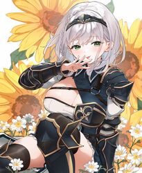  armor armored_dress blue_dress braid breasts chest_harness chest_strap cleavage cleavage_cutout clothing_cutout die_suki dress female flower green_eyes grey_hair harness highres hololive large_breasts looking_at_viewer medium_hair mole mole_on_breast puffy_sleeves shirogane_noel shirogane_noel_(1st_costume) smile solo sunflower tiara tongue tongue_out virtual_youtuber white_sleeves 