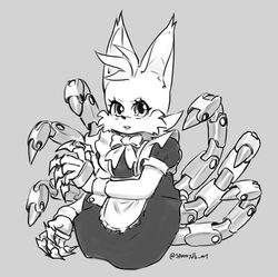  2023 6_tails anthro biped black_nose bow_accessory canid canine cheek_tuft clothed clothing crossdressing cybernetic_limb cybernetic_tail ear_tuft facial_tuft femboy fox front_view head_tuft hi_res holding_object holding_weapon kneeling looking_at_viewer maid_apron maid_uniform male mammal monochrome multi_tail netflix sega simple_background solo sonic_prime sonic_the_hedgehog_(series) sparkydb tail tails tails_nine tuft uniform weapon 