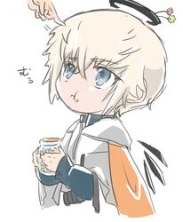  1boy 1other arknights bishounen blue_eyes chewing chibi crumbs enforcer_(arknights) grey_hair halo jar male_focus mechanical_halo poyo_taya short_hair simple_background solo_focus translation_request white_background wings 