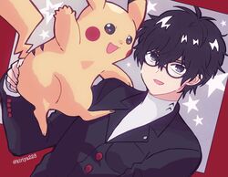  1boy amamiya_ren black_hair brown_hair glasses highres kiriya_(552260) looking_at_viewer male_focus open_mouth persona persona_5 pikachu pokemon pokemon_(creature) school_uniform short_hair shuujin_academy_school_uniform simple_background smile super_smash_bros. 