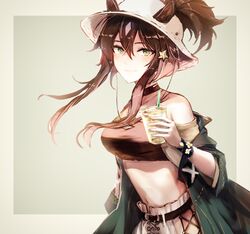  animal_ears arknights bad_id bad_pixiv_id bare_shoulders black_choker black_hair breasts choker commentary crop_top cup disposable_cup dora_(user_jnfr7827) drinking_straw ears_through_headwear fedora female green_eyes green_jacket grey_background hair_between_eyes hair_ornament hat holding holding_cup horse_ears jacket large_breasts long_hair looking_at_viewer md5_mismatch meteor_(arknights) meteor_(bard&#039;s_holiday)_(arknights) midriff navel off_shoulder official_alternate_costume smile solo star_(symbol) star_hair_ornament stomach upper_body white_hat 