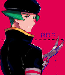  1boy black_hat black_jacket closed_mouth commentary_request delta_nonbiri dripping elbow_gloves eyelashes from_behind gloves green_eyes green_hair grey_gloves hat holding holding_scissors jacket liquid looking_back male_focus pink_background pokemon pokemon_hgss proton_(pokemon) scissors short_hair simple_background smile solo team_rocket team_rocket_uniform 