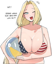  america_(ohasi) american_flag american_flag_bikini american_flag_print ball beachball bikini blonde_hair blue_eyes blush breasts cleavage collarbone english_text female flag_print large_breasts long_hair looking_at_viewer ohasi open_mouth original print_bikini smile solo swimsuit 