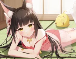  animal_ear_fluff animal_ears ass azur_lane black_hair blunt_bangs blush breasts camisole collarbone commentary_request feet_up female fox_ears fox_girl fox_mask frilled_camisole frills highres indoors jewelry long_hair looking_at_viewer lying manjuu_(azur_lane) mask mask_on_head nagato_(azur_lane) nagato_(great_fox&#039;s_respite)_(azur_lane) nagura_shiro no_shoes official_alternate_costume on_floor on_stomach panties parted_lips partial_commentary pendant red_camisole red_panties see-through see-through_camisole side-tie_panties small_breasts spaghetti_strap strap_slip sunlight tatami the_pose thighhighs underwear underwear_only white_thighhighs yellow_eyes 