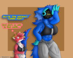  5:4 abs anthro ass big_breasts big_tail blue_body blue_fur blue_hair blue_skin bodily_fluids bottomwear breast_size_difference breasts clawed_fingers claws clothed clothing couple_(disambiguation) crop_top detailed_shading dragonfruit_(sokoyo_owo) duo female fluffy fluffy_ears fluffy_hair fluffy_tail fur green_accents green_eyes hair hi_res huge_tail huge_thighs inner_ear_fluff kobold long_ears long_hair long_tail looking_at_another looking_at_partner looking_away looking_up machine markings meme meme_clothing muscular muscular_anthro muscular_arms muscular_female pants pink_body pink_fur pink_hair pink_nose protogen protogen_armor protogen_visor scale_markings scales shirt short_hair simple_background size_difference sokoyo_owo sports_bra_difference_meme starry_(sokoyo_owo) sweat sweatdrop sweatpants sweaty_breasts tail text_box thick_thighs thought_bubble thoughts topwear tuft wiping_forehead yellow_eyes 