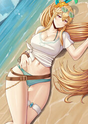  absurdres beach belt bikini blonde_hair breasts cleavage dragalia_lost elisanne eyewear_on_head female flower hair_between_eyes hair_flower hair_ornament hand_on_own_stomach hibiscus highres large_breasts long_hair looking_at_viewer lying navel ocean on_ground on_side orange_flower ponytail red_eyes saikunartworks sand shirt sidelocks solo sunglasses swimsuit thighs very_long_hair white_shirt 