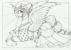  2023 absurd_res alicorn clothed clothing equid equine eyebrow_through_hair eyebrows eyelashes female feral friendship_is_magic hair hasbro hi_res hooves horn longinius looking_at_viewer mammal monochrome my_little_pony mythological_creature mythological_equine mythology princess_celestia_(mlp) quadruped solo tail traditional_media_(artwork) translucent translucent_hair unicorn_horn wings 