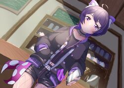  absurdres animare bad_id bad_twitter_id black_choker black_jacket black_shorts cellphone choker closed_mouth counter dutch_angle earbuds earphones female haibara_akane hand_in_pocket highres holding holding_phone indoors jacket looking_at_viewer nanashi_inc. phone purple_eyes purple_hair red_panda_ears short_hair shorts smartphone smile solo virtual_youtuber waon_(41n) 