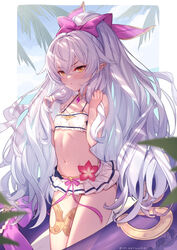  bare_shoulders bikini blush bow day female flower granblue_fantasy hair_between_eyes hair_spread_out hairbow hand_in_own_hair hands_in_hair highres holding holding_own_hair innertube long_hair looking_at_viewer medusa_(shingeki_no_bahamut) medusa_(summer)_(granblue_fantasy) navel orange_eyes outdoors palm_tree pointy_ears ponytail purple_bow red_flower slit_pupils solo swim_ring swimsuit tree very_long_hair white_bikini yellowpaint. 