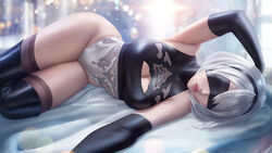  2b_(nier:automata) artist_name black_blindfold black_gloves black_hairband black_thighhighs blindfold blue_eyes breasts cleavage_cutout clothing_cutout commentary covered_eyes curvy elbow_gloves english_commentary female gloves hairband large_breasts lying mole mole_under_mouth nier:automata nier_(series) nose on_side parted_lips patreon_username solo thick_thighs thighhighs thighs watermark web_address white_hair wickellia 