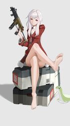  :3 absurdres apex_legends barefoot box chinese_commentary clara_(honkai:_star_rail) commentary_request crossed_legs crossover death_box_(apex_legends) detached_collar female grey_background grey_hair gun hair_intakes highres holding holding_gun holding_weapon honkai:_star_rail honkai_(series) jacket looking_at_viewer nessie_(respawn) on_box r-99_smg red_jacket shadow shirt sitting sitting_on_box soles solo stuffed_toy submachine_gun trigger_discipline weapon white_shirt yi_yanhua_er_qing 