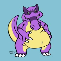  1:1 alligator alligatorid anthro belly big_belly claws crocodilian generation_5_pokemon green_eyes hi_res holding_belly hybrid krookodile male nintendo octariax pokemon pokemon_(species) purple_body rainy_ram reptile scalie smile smirk snout solo standing teeth toe_claws yellow_belly 