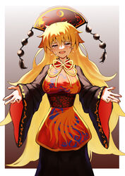  :d absurdres ailu_elf black_dress blonde_hair blush border breasts chinese_clothes crying crying_with_eyes_open dress female gradient_background hat highres junko_(touhou) long_hair long_sleeves looking_at_viewer open_mouth outside_border red_eyes simple_background smile solo streaming_tears tabard tears touhou very_long_hair white_border wide_sleeves 