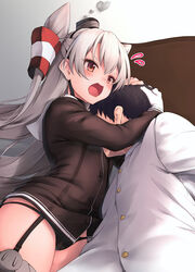  1boy admiral_(kancolle) amatsukaze_(kancolle) awa_yume black_dress black_hair black_panties blush brown_eyes buttons dress female garter_straps gloves grey_hair hair_between_eyes hair_tubes highres hug kantai_collection long_hair long_sleeves military military_uniform naval_uniform open_mouth panties sailor_dress short_hair single_glove two_side_up underwear uniform white_gloves 