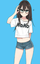  alternate_costume arm_behind_back bespectacled blue_background blush brown_hair clothes_writing commentary_request female glasses green_eyes hair_between_eyes haseneko highres idolmaster idolmaster_cinderella_girls long_hair midriff navel shibuya_rin shirt short_sleeves shorts simple_background smile solo sparkle white_shirt 