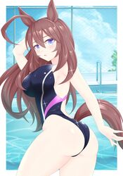  ahoge animal_ears ass black_one-piece_swimsuit blue_eyes breasts brown_hair competition_swimsuit cowboy_shot female gurukorian highres horse_ears horse_girl horse_tail long_hair looking_at_viewer mihono_bourbon_(umamusume) one-piece_swimsuit solo swimsuit tail umamusume 