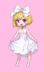  :d absurdres alternate_costume ama-tou bare_arms bare_shoulders black_choker blonde_hair bow chibi choker collarbone contrapposto dress elly_(tonari_no_kyuuketsuki-san) female full_body gem hair_between_eyes hairbow halter_dress halterneck high_heels highres jaggy_lines jewelry large_bow looking_at_viewer looking_to_the_side medium_dress no_nose no_socks official_art open_mouth pendant pendant_choker pink_background pumps purple_eyes ribbon shoes short_hair simple_background skirt_hold sleeveless sleeveless_dress smile solo standing swept_bangs tonari_no_kyuuketsuki-san wavy_hair white_bow white_dress white_footwear white_ribbon 