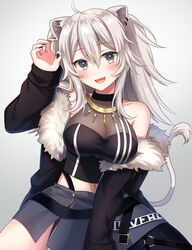  :d absurdres ahoge animal_ears arm_up black_jacket black_nails black_shirt blush breasts claw_pose cleavage commentary cowboy_shot crop_top ear_piercing eyes_visible_through_hair female fur-trimmed_jacket fur_trim grey_background grey_eyes grey_hair grey_skirt hair_between_eyes highres hololive jacket jewelry large_breasts lion_ears lion_girl lion_tail long_hair long_sleeves looking_at_viewer midriff nail_polish navel necklace oerba_yun_fang off_shoulder open_clothes open_jacket open_mouth piercing see-through see-through_cleavage shirt shishiro_botan shishiro_botan_(1st_costume) simple_background skirt sleeveless sleeveless_shirt smile solo symbol-only_commentary tail tail_raised two_side_up umishima_rinta virtual_youtuber 