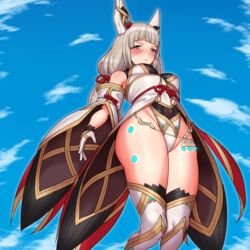  animal_ears blunt_bangs cat_ears facial_mark female grey_hair highleg highleg_leotard leotard long_hair low_twintails nia_(blade)_(xenoblade) nia_(xenoblade) solo twintails tyranu very_long_hair xenoblade_chronicles_(series) xenoblade_chronicles_2 yellow_eyes 