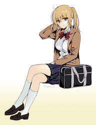  bag black_footwear blazer blonde_hair blue_eyes blue_skirt bow bowtie crossed_legs female full_body jacket kneehighs loafers looking_at_viewer miniskirt official_art onishima_homare parted_lips red_bow red_bowtie sagara_riri school_bag school_uniform shirt shoes simple_background sitting skirt socks solo sounan_desuka? twintails twitter_username white_background white_shirt white_socks 