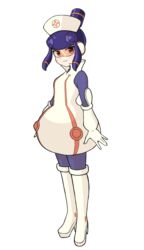  ataru_(ataru-littlebird) blue_hair bodysuit breasts closed_mouth female gloves hat helmet highres looking_at_viewer meddy.exe_(mega_man) mega_man_(series) mega_man_battle_network_(series) mega_man_battle_network_5 netnavi nurse nurse_cap orange-tinted_eyewear sidelocks simple_background smile solo tinted_eyewear visor white_background white_gloves 