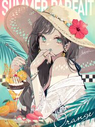  akakura bare_shoulders bird blush brown_hair chocolate commentary_request cream dress earrings elbows_on_table female fingernails flamingo flower food fruit glass green_eyes green_nails hand_on_own_chin hat highres ice_cream jewelry leaf light_blush light_smile long_hair looking_at_viewer md5_mismatch nail_polish orange_(fruit) original red_flower ring shirt sitting smile solo spoon sundress table upper_body white_shirt 