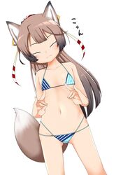  :3 \m/ adapted_costume animal_ears bad_id bad_twitter_id bikini brown_hair buttons closed_eyes covered_nipples double_fox_shadow_puppet female flat_chest fox_ears fox_girl fox_shadow_puppet fox_tail hair_ribbon highres inactive_account kantai_collection kazagumo_(kancolle) kazagumo_(swimsuit_mode)_(kancolle) kemonomimi_mode long_hair looking_at_viewer micro_bikini multi-strapped_bikini nassukun navel ponytail ribbon smile solo standing striped_bikini striped_clothes swimsuit tail teeth white_background 