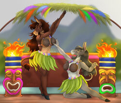  anthro asinus black_hooves blue_eyes brown_body brown_hair coconut_bra dancing donkey duo equid equine eyelashes female fire grey_body grey_hair hair hi_res hooves hula hula_dancer huskii-s kneeling leaf_skirt long_hair mammal narrowed_eyes outside red_eyes smile standing tail tail_tuft tan_body tiki tiki_torch tuft white_body 