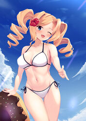  bikini blonde_hair blue_eyes blush breasts cloud day drill_hair female finger_gun flower hair_flower hair_ornament hibiscus highres honolulu_(kancolle) honolulu_(swimsuit_mode)_(kancolle) innertube kantai_collection large_breasts long_hair ochikata_kage one_eye_closed outdoors red_flower side-tie_bikini_bottom sidelocks sky solo swim_ring swimsuit twin_drills twintails white_bikini 