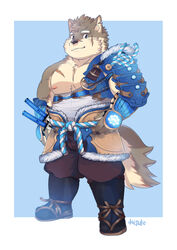  1boy alternate_costume armor bara bare_pectorals bulge daisukebear dog_boy forked_eyebrows full_body furry furry_male japanese_armor komainu_boy komainu_ears looking_at_viewer male_focus midriff_sarashi moritaka_(housamo) muscular muscular_male nipples original pauldrons pectorals plump sarashi scar scar_on_face scar_on_nose short_hair shoulder_armor solo standing thick_eyebrows tokyo_afterschool_summoners two-tone_fur 