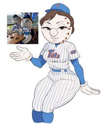  2023 ball baseball_(ball) baseball_cap baseball_uniform bedroom_eyes brown_hair clothing female for_a_head gloves hair handwear hat headgear headwear hi_res humanoid mascot mlb mrs._met narrowed_eyes new_york_mets not_furry object_head seductive simple_background sitting solo sportswear thick_thighs uniform white_background zigzagboy95 