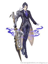  1boy absurdres ascot baritone_saxophone formal full_body gauntlets glasses gloves hair_slicked_back hameln_(sinoalice) highres holding holding_instrument holding_saxophone holding_weapon instrument ji_no long_coat looking_at_viewer male_focus official_art purple_hair red_eyes saxophone silver_trim single_gauntlet single_glove sinoalice solo square_enix suit sword weapon white_background white_gloves 