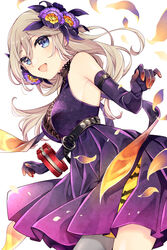  :d absurdres alisa_ilinichina_amiella bare_shoulders belt black_belt blue_eyes bracer breasts cleavage commentary cowboy_shot dress elbow_gloves female flower gloves god_eater god_eater_resonant_ops grey_hair grey_thighhighs hair_between_eyes hair_flower hair_ornament highres io_(1033k) large_breasts long_hair looking_at_viewer official_alternate_costume open_mouth pleated_dress purple_dress purple_gloves see-through see-through_cleavage sidelocks simple_background single_thighhigh sleeveless sleeveless_dress smile solo standing thighhighs underbust white_background 