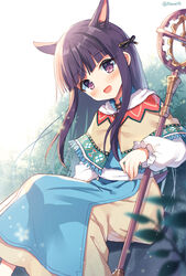  :d animal_ears black_ribbon blunt_bangs blurry blurry_foreground blush brown_capelet brown_dress bush cape capelet commentary_request depth_of_field dog_ears dog_girl dress extra_ears female fringe_trim hair_ribbon head_tilt kasumi_(princess_connect!) korean_commentary long_hair long_sleeves mauve open_mouth princess_connect! puffy_long_sleeves puffy_sleeves purple_eyes purple_hair ribbon sitting sleeves_past_wrists smile solo staff twitter_username very_long_hair 