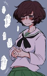  akiyama_yukari blush brown_hair female girls_und_panzer highres noumen own_hands_clasped own_hands_together school_uniform short_hair sweat upper_body 